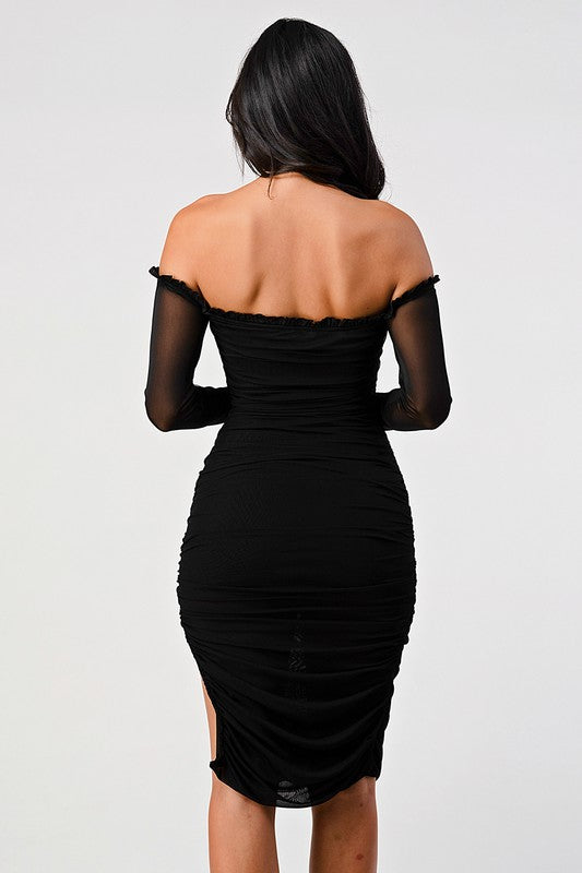 OFF SHOULDER RUCHED MESH DRESS