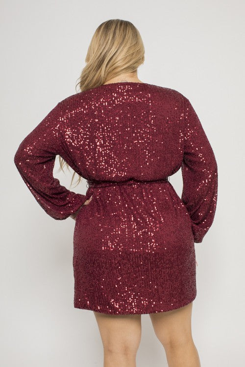 BURGANDY SEQUIN STRETCH SURPLICE WRAP DRESS - PLUS SIZE