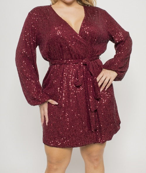 BURGANDY SEQUIN STRETCH SURPLICE WRAP DRESS - PLUS SIZE Gladiolus Boutique BURGANDY SEQUIN STRETCH SURPLICE WRAP DRESS - PLUS SIZE Gladiolus Boutique